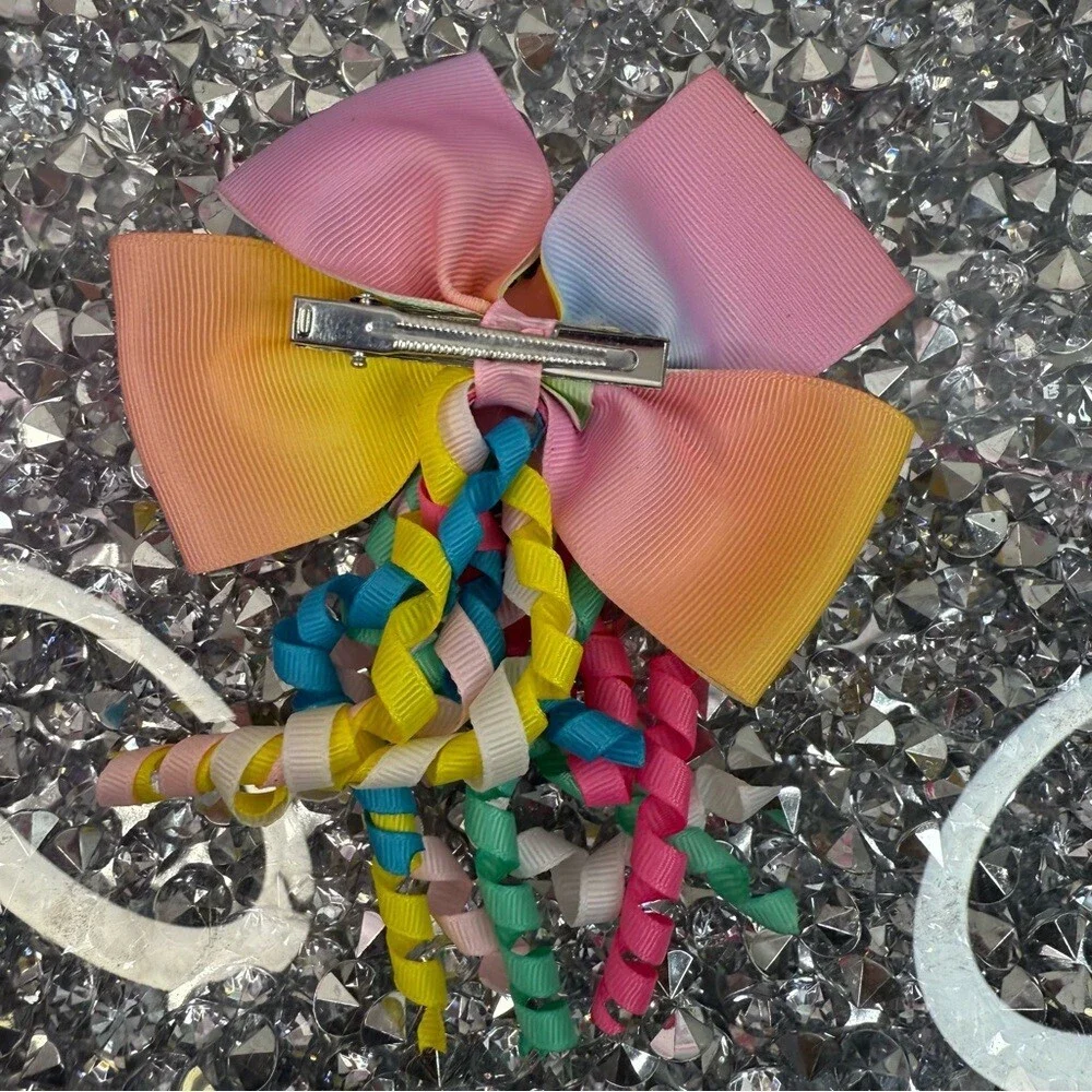 Hair bow Rainbow Unicorn Hair Bow with Curly Ribbon Tails - Multicolor bright